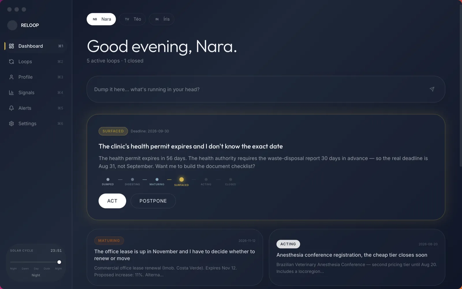 Reloop's Dashboard, a surfaced loop about an expiring permit shown with its stage track from dumped through digesting and maturing to surfaced, above two more loops still maturing and acting.