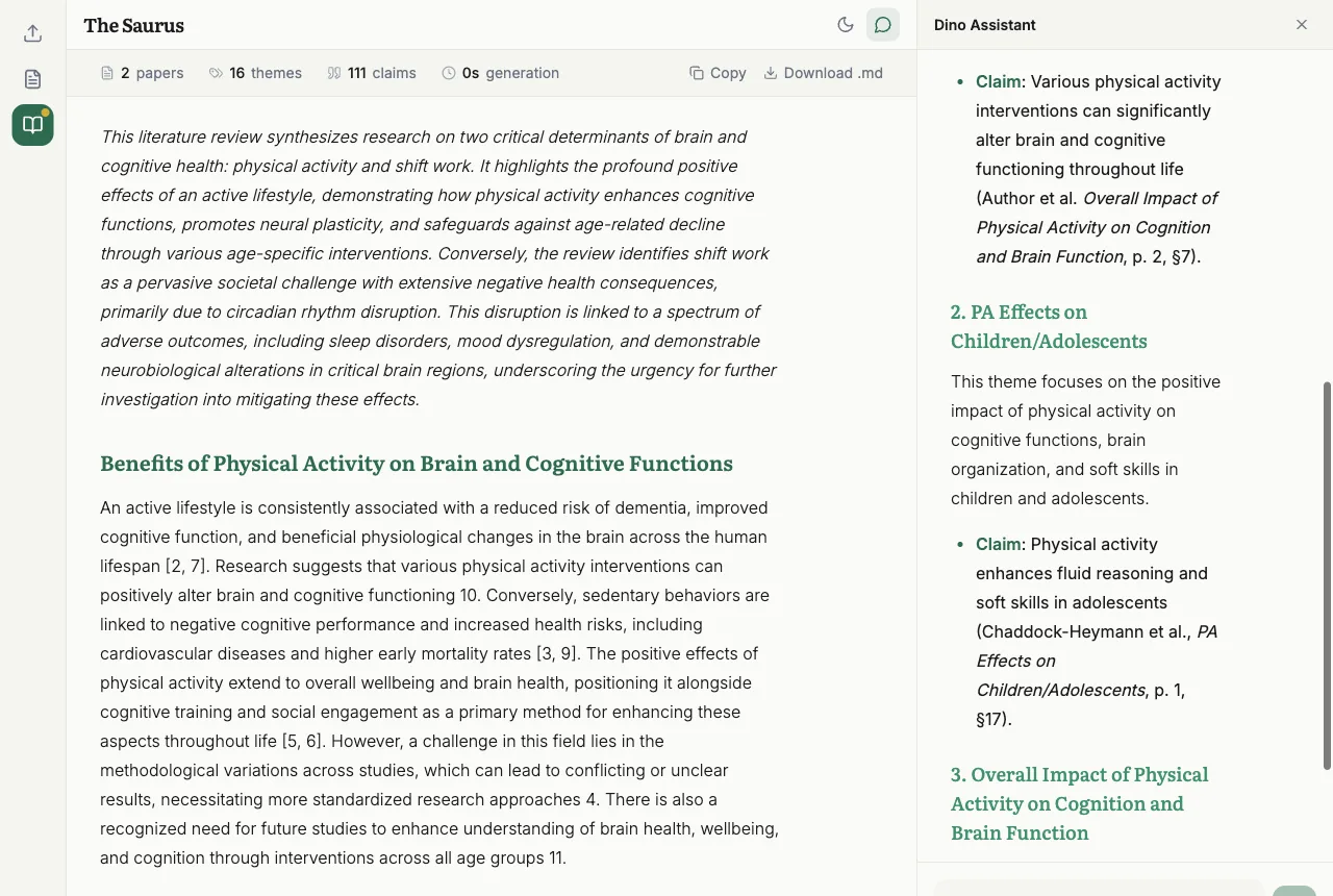 The Dino Assistant drawer open beside the review, answering a theme overview question with claims cited by paper, page and paragraph, each drawn from the extracted store.