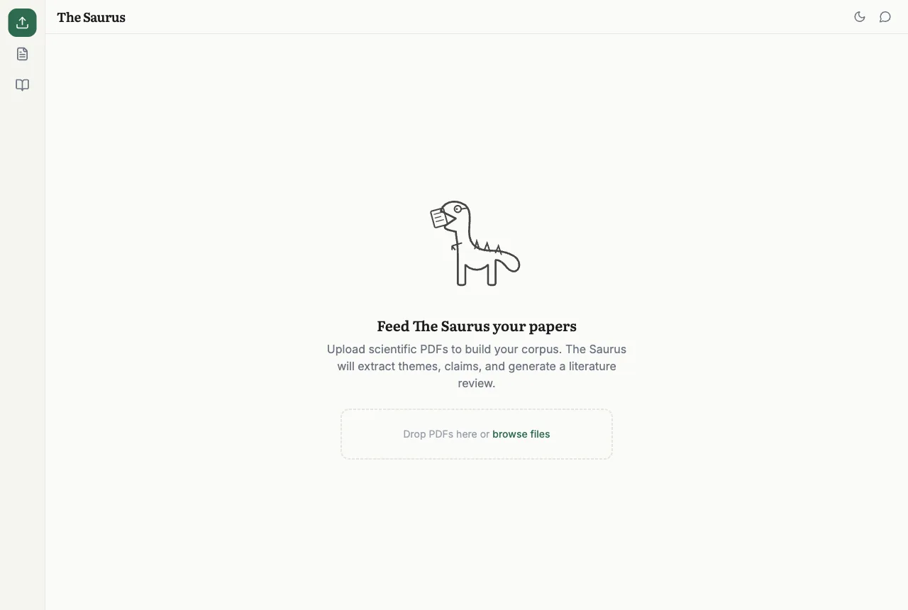 The upload screen: the dinosaur mascot eating a paper, above a drop zone for scientific PDFs.