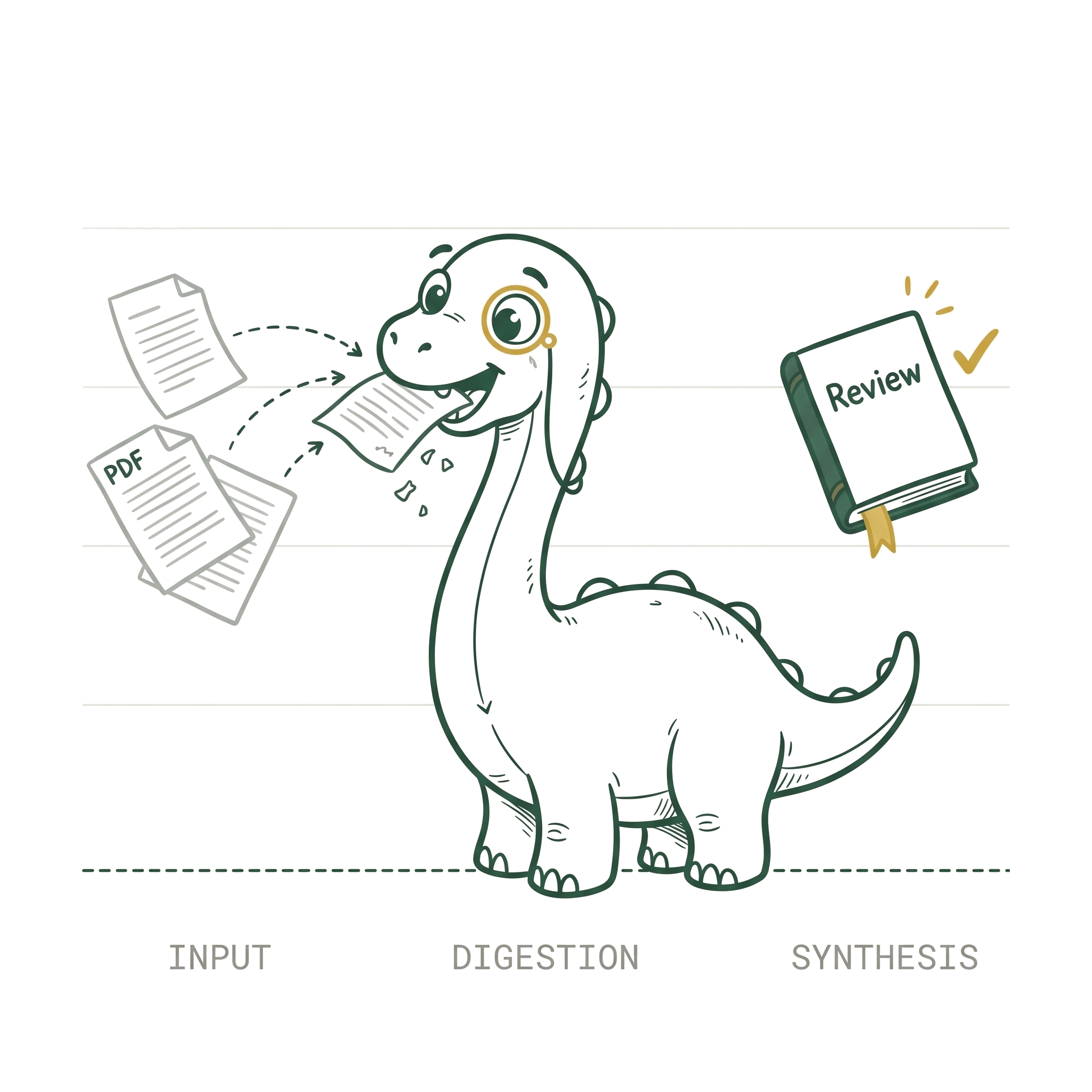A baby brontosaurus eating PDF papers, with a finished Review book floating nearby. Below: INPUT, DIGESTION, SYNTHESIS.